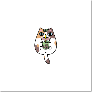 Calico Cat Drinking Bubble Tea Posters and Art